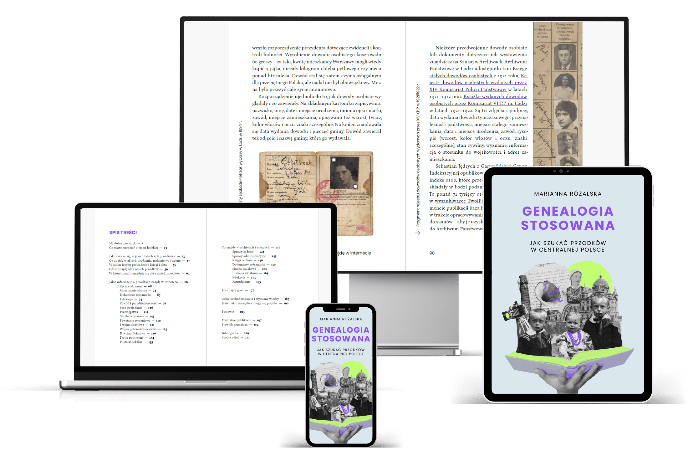 Książka "Genealogia stosowana" wyświetlona na czterech urządzeniach: telefonie, tablecie, laptopie i monitorze